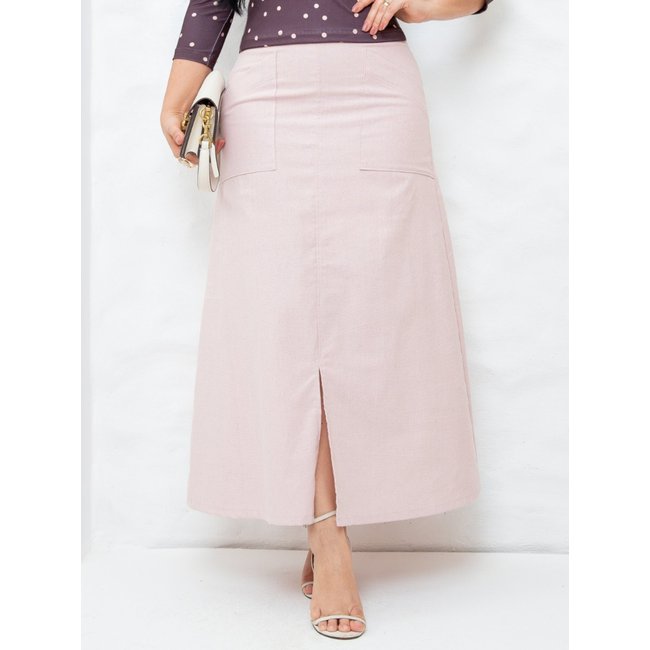 Saia Midi Social de Linho Básica Lisa com Bolso Fenda Elegante Soltinha Bege