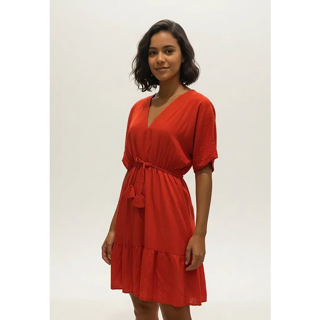 Vestido CabanaFree Curto Acinturado com Manga Vermelho