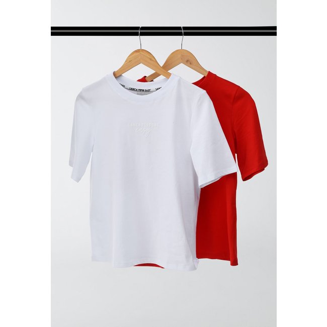 Kit 2 Camisetas Feminina Lança Perfume Logo Bordado Branca e Vermelha