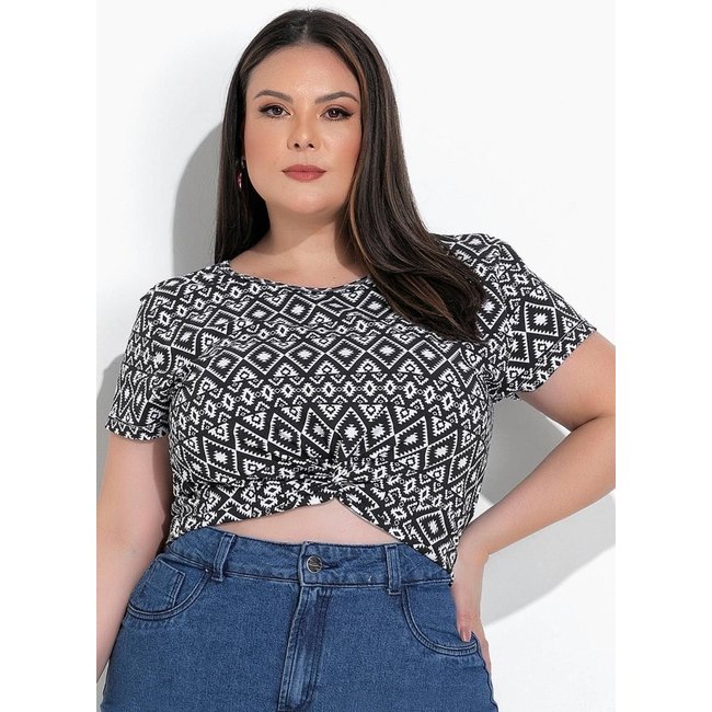 Blusa Em Malha Cotton Geométrico Preto Marguerite