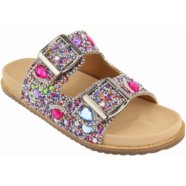 Sandália Feminina Papete Flatform Pedraria Brilho Fivela Dourado 33 Rosa