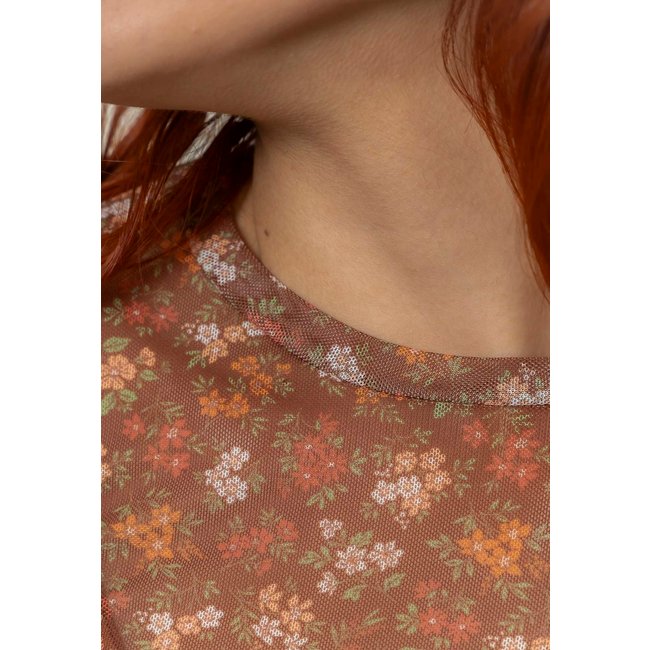 Vestido Aura Carolina Tule Floral Afeto Marrom