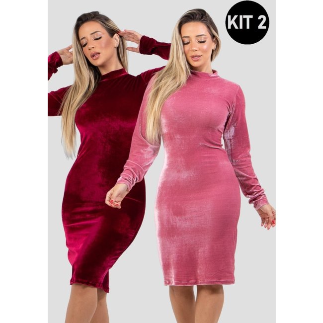 Kit 2 Vestidos Manga Longa 4 Estações Veludo Molhado Midi Festa Casual Inverno Rosa/Vinho