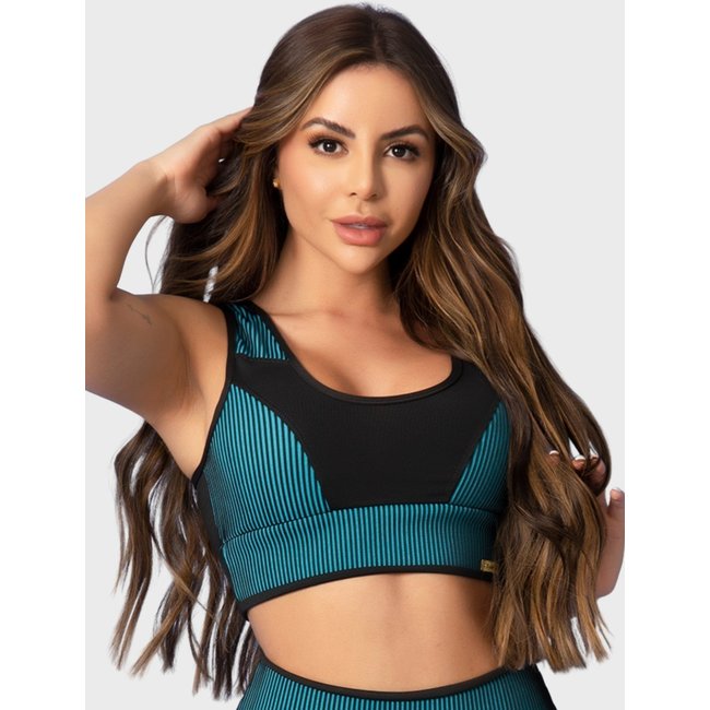 Top Fitness Tarelles Alça Larga 3D Forrado Preto e Azul