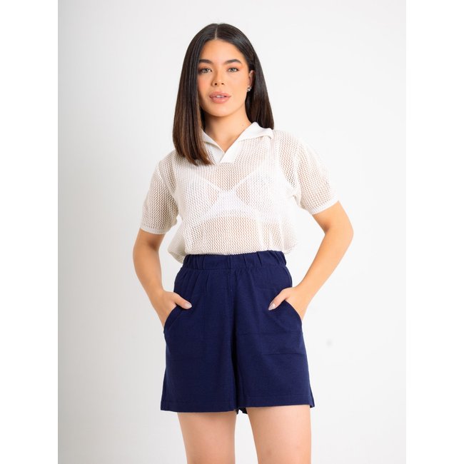 Blusa La Cor Tricot Gola Polo Telada Manga Curta Off White