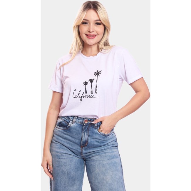 Tshirt Blusa Feminina Coqueiros California Estampada Manga Curta Camiseta Camisa Branco