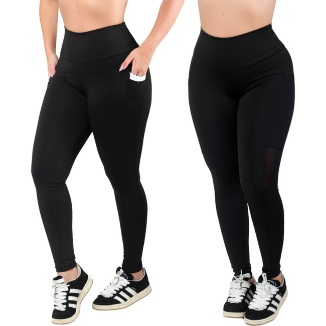 Kit 2 Calça Legging Com Bolso Reflexo Íntimo Cintura Alta Bolso Branco e Preto