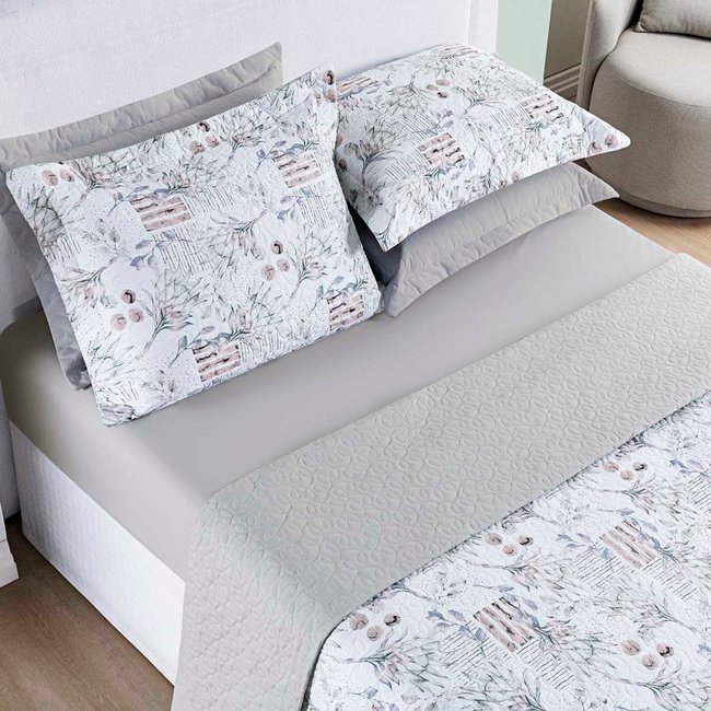 Kit Cobre Leito Colcha Casa Scarpa Maris Casal Padrão Estampado Dupla Face Percalle 200 Fios 3 Peças Protea Cinza