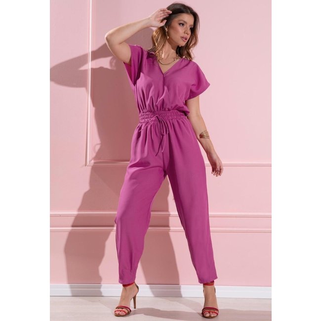 Macacão Longo Acinturado Com Bolsos Rosa Quintess
