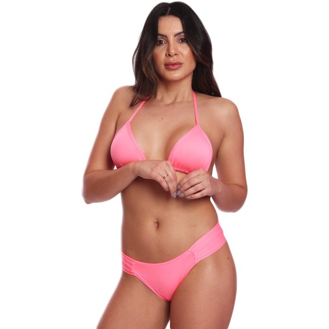 Conjunto Biquíni Feminino Cortininha Com Calcinha Tanga FMF Rosa
