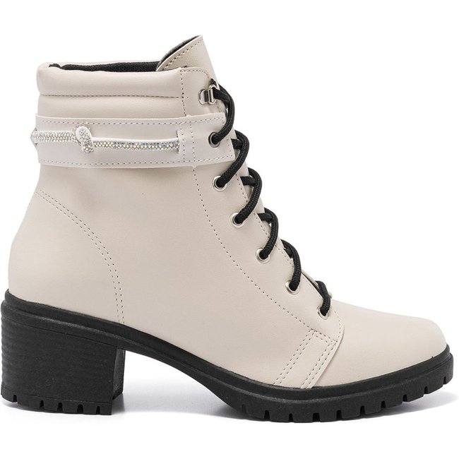 Bota Coturno Feminina Cano Baixo Tratorada Preto Confortável - Strass