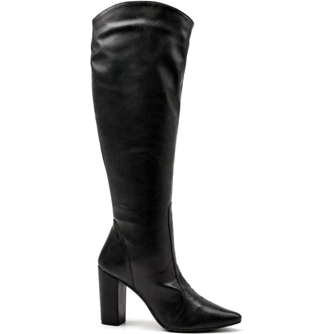 Bota Feminina Cano Longo Bico Fino Salto Grosso Flor da Pele 1818 Preta