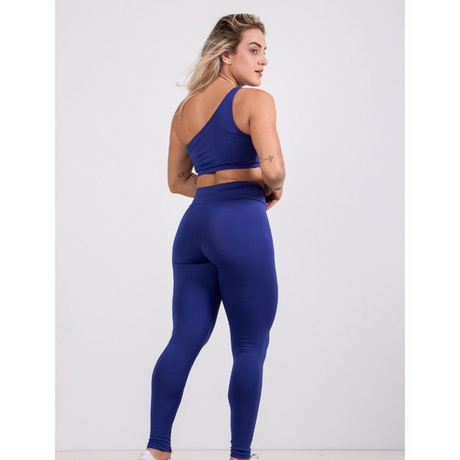 Conjunto Calça Legging Transpassada RLC Modas Suplex Lisa+Top Uma Alça Academia Fitness AZul Royal