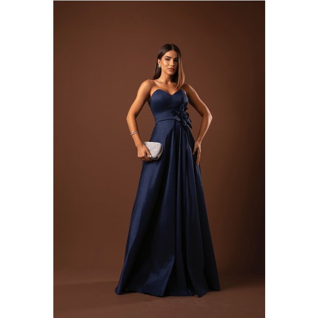 Vestido Longo de Festa Madrinhas Tomara que Caia com Flor Lateral Saia em A Marlenne Azul Petróleo