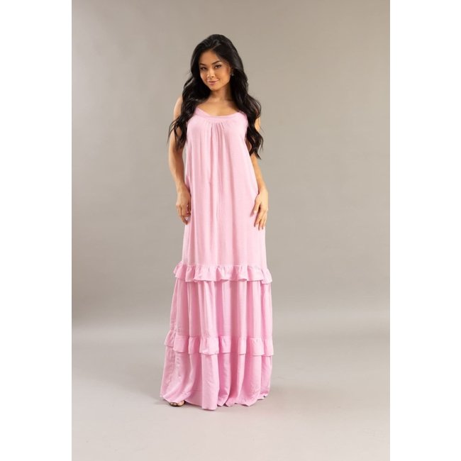 Vestido Longo Feminino com Babado Alça Fina Rosa