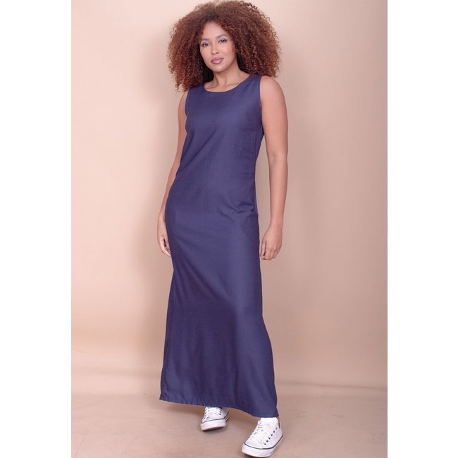 Vestido Longo Cabanafree Plano com Bolso Azul Marinho