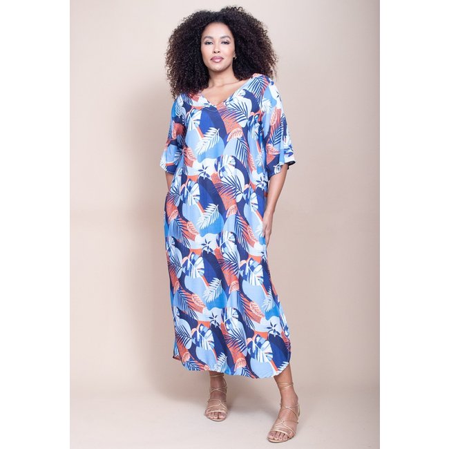 Vestido Cabanafree Midi Abapã Plano com Bolso Estampa Jardim Celeste