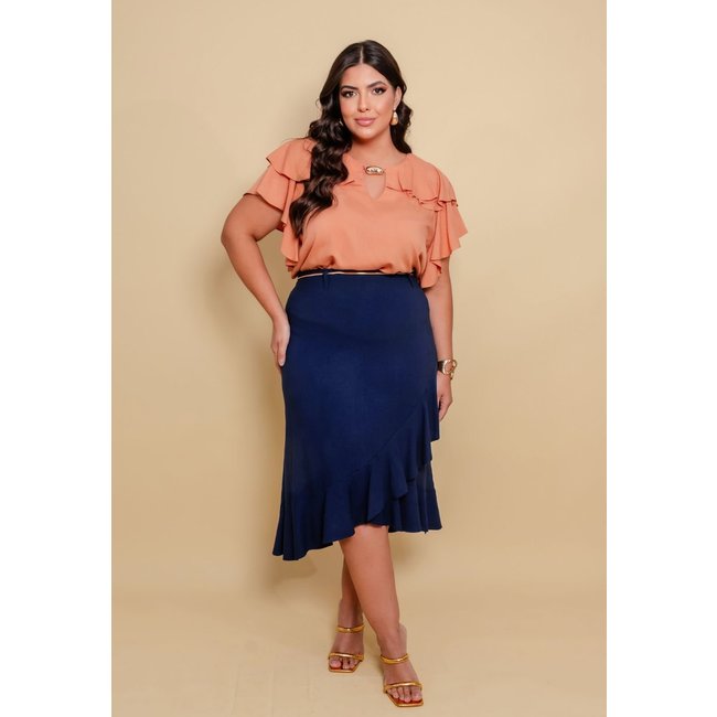 Saia Midi Ana Maya Plus Size com Babado Azul