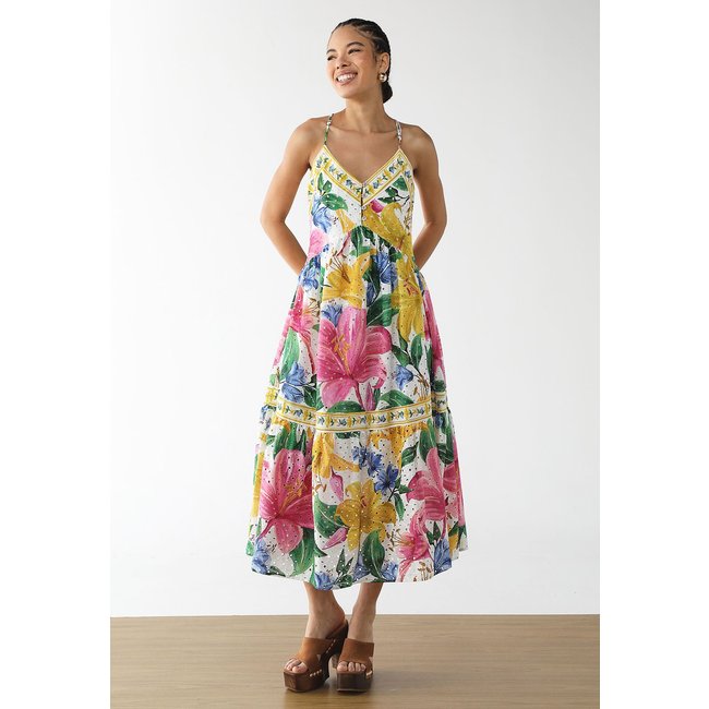 Vestido Feminino FARM Midi Flores Bordado Inglês Branco