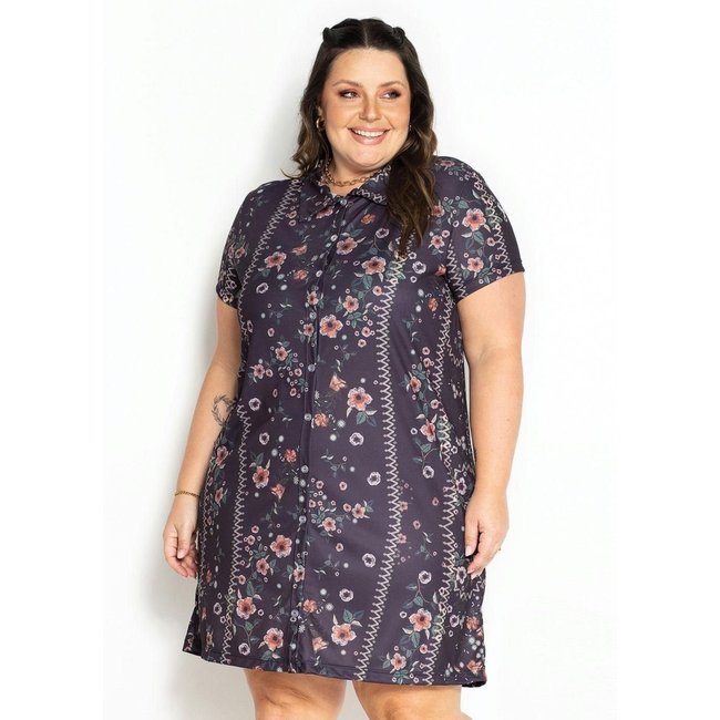 Vestido Com Gola E Botões Plus Size Floral Preto Marguerite