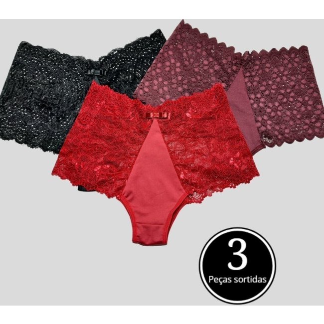 Calcinha Plus Size Com Renda Atraente Cintura Alta Bella Fiore Modas Kit3
