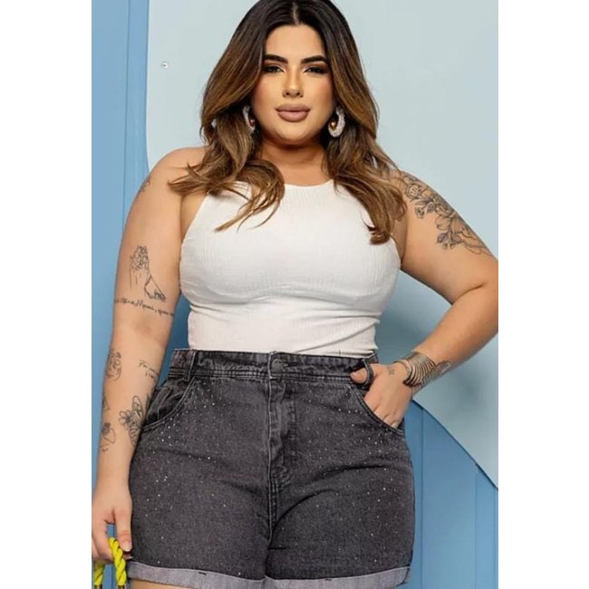 Short Jeans Cintura Alta Plus Size Curvy com Stras Elegante Preto