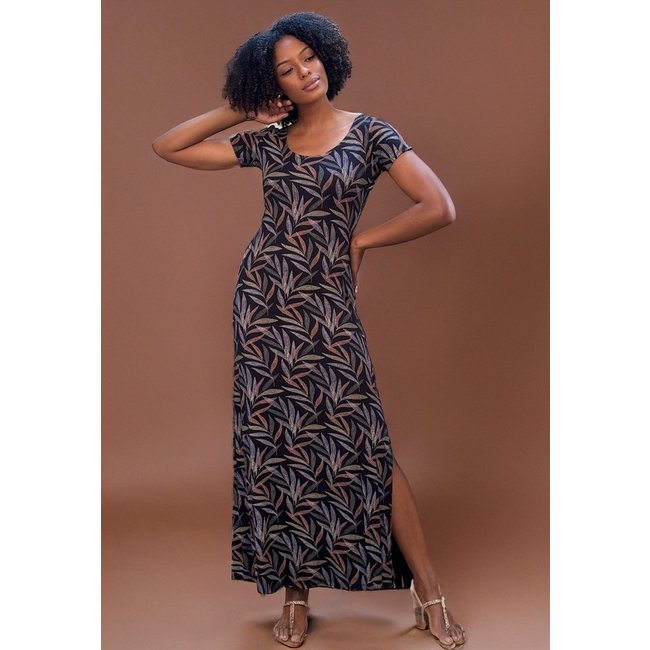 Vestido Longo Malha Gola Canoa Manga Curta Estampa Folhagem