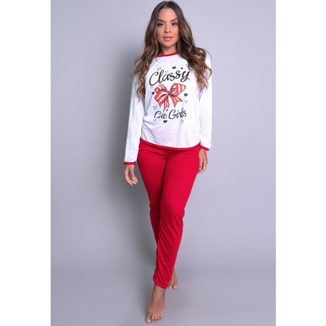 Pijama MVB Modas Longo Adulto Manga Comprida Inverno Vermelho