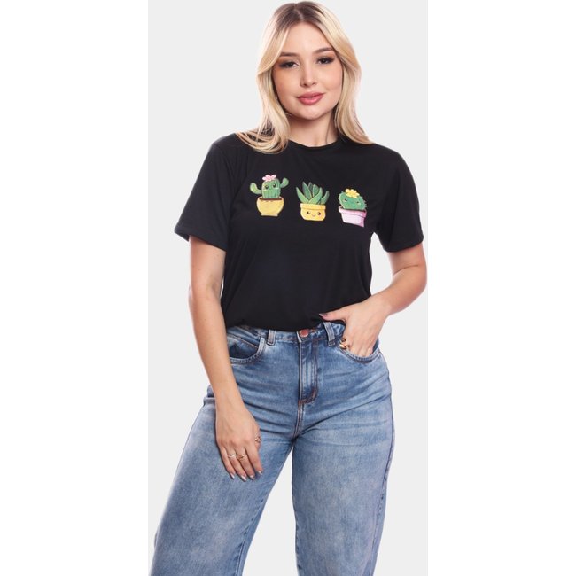 Tshirt Blusa Feminina Cactos Estampada Manga Curta Camiseta Camisa Preto