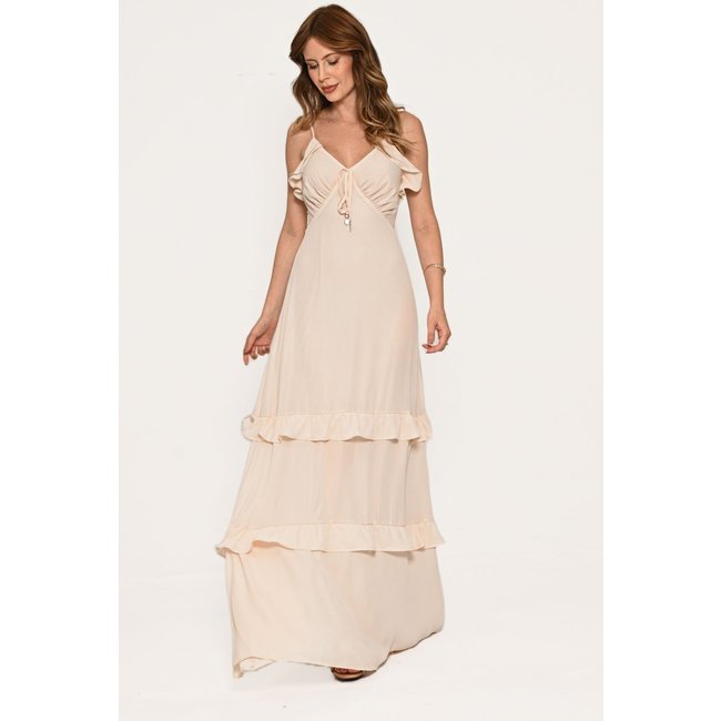 Vestido Bisô Longo Crepe Babados Areia - Areia