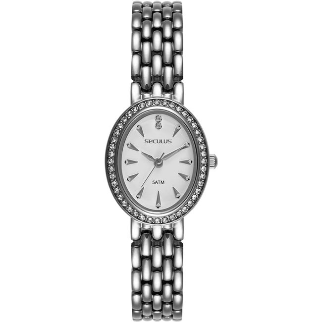 Relógio Feminino Seculus Aço Prata Oval com Cristais Seculus