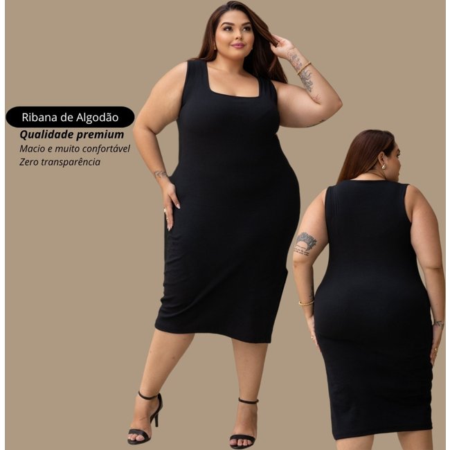 Vestido Garota Urbana Fashion Plus Size Preto feminino Ribana canelado premium sem manga