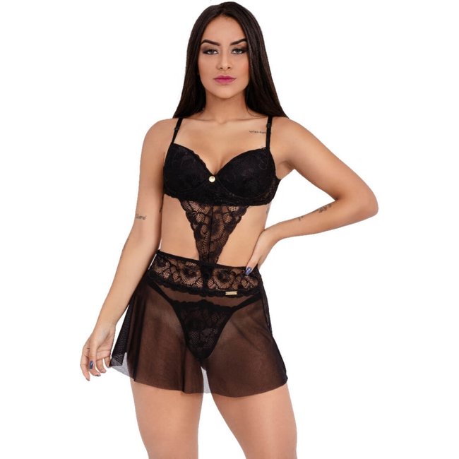 Conjunto IMI Lingerie Sutiã Calcinha Fio E Saia Renda Tule Hari Preto