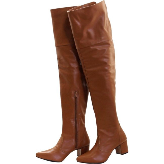 Bota Over The Knee Lirom Cano Alto Salto Grosso Bico Fino Caramelo
