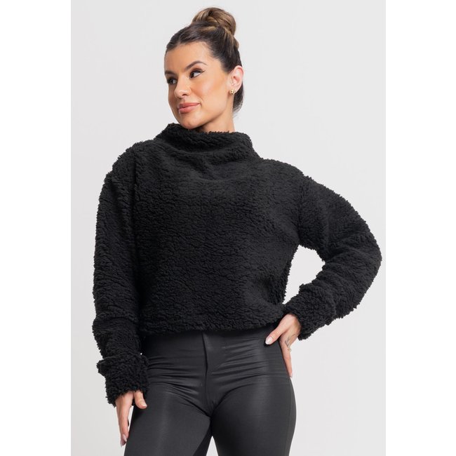 Casaco MVB Modas Flanelado Feminino Cropped Teddy Gola Alta Pelucia Preto