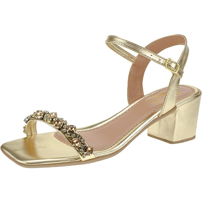 Sandalia Pedraria Strass Feminina Salto Bloco Fivela 030-100 Dourado