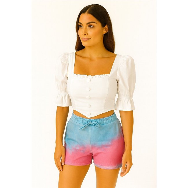 Shorts Feminino Tie-Dye Azul e Rosa Cintura Elástica e Laço
