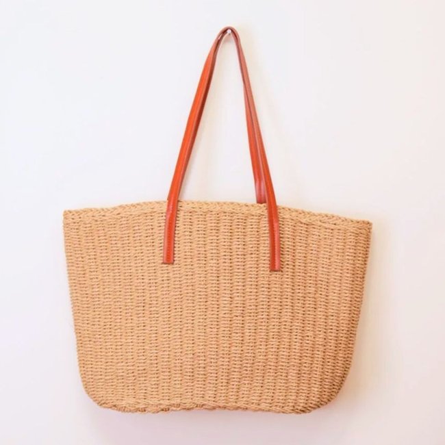 BOLSA DE PRAIA PALHA C/ ALÇA DE OMBRO E C/ FORRO MARROM-POSITANO - Bege - MELLOW BRAZIL