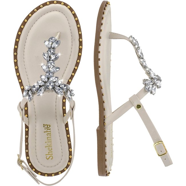 Rasteirinha Feminina Rasteira Shekinah Brilhante Brilho Sola Tachas Confortável Moda Off White