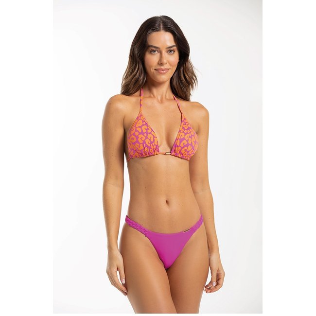 Conjunto Biquíni Cortininha Estampado Rosa Pink e Laranja com Detalhe Trançado nas Laterais