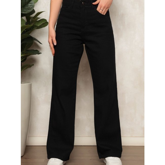 Calça Jeans Wide Leg Pantalona Feminina Preta