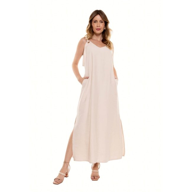 Vestido Bisô Longo Ilhós Liso Bege - Bege