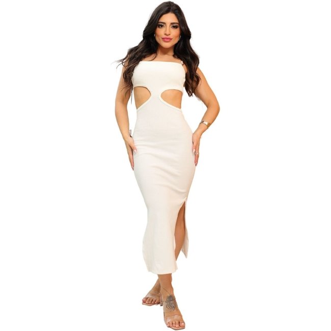 Vestido Midi Alcinha Canelado Tubinho Abertura Lateral Costas Cruzadas Aimee Branco