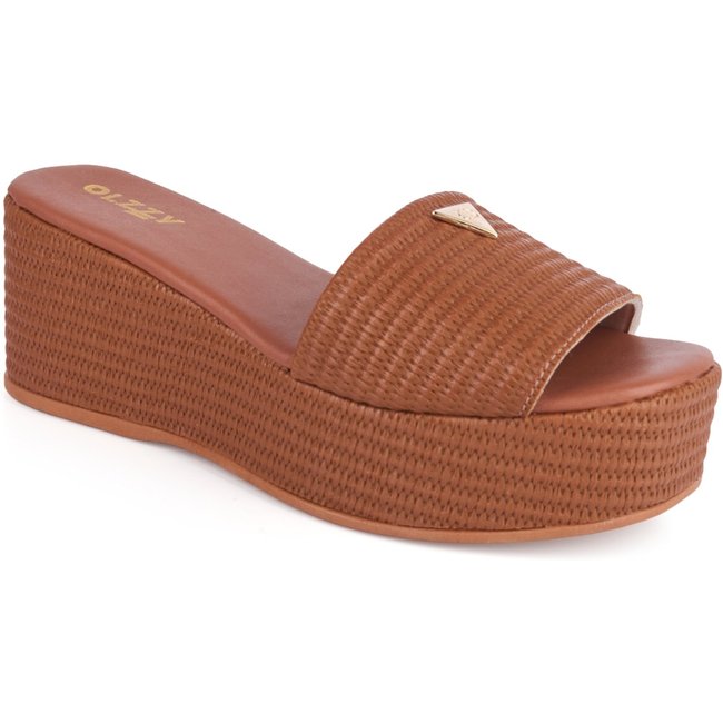 Tamanco Feminino Plataforma Sandália Flatform Detalhe Dourado Chinelo Confortável Original Olzzy Caramelo