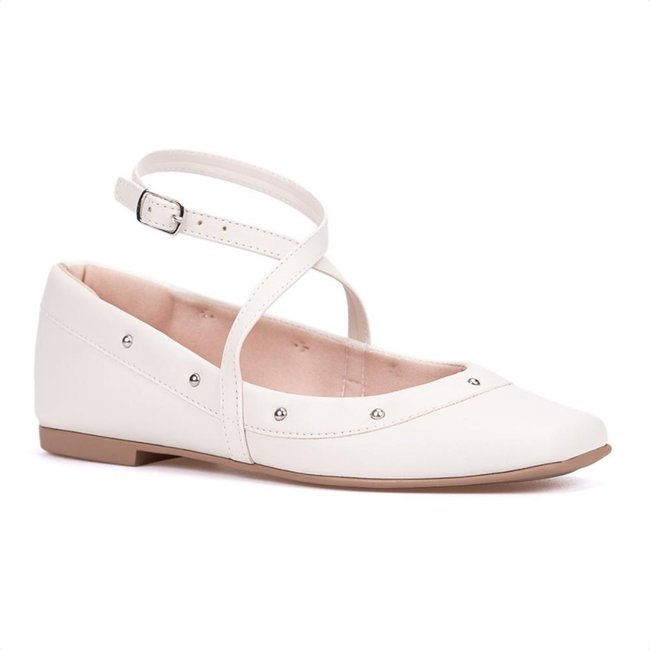 Sapatilha Feminina Off White Tiras Cruzadas Tachas Metálicas