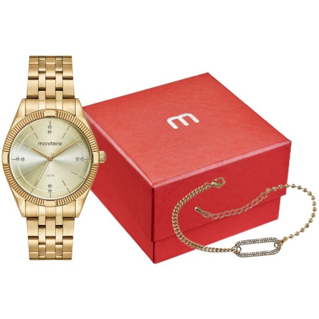 Kit Relógio Feminino Dourado Com Pulseira de Corrente Mondaine