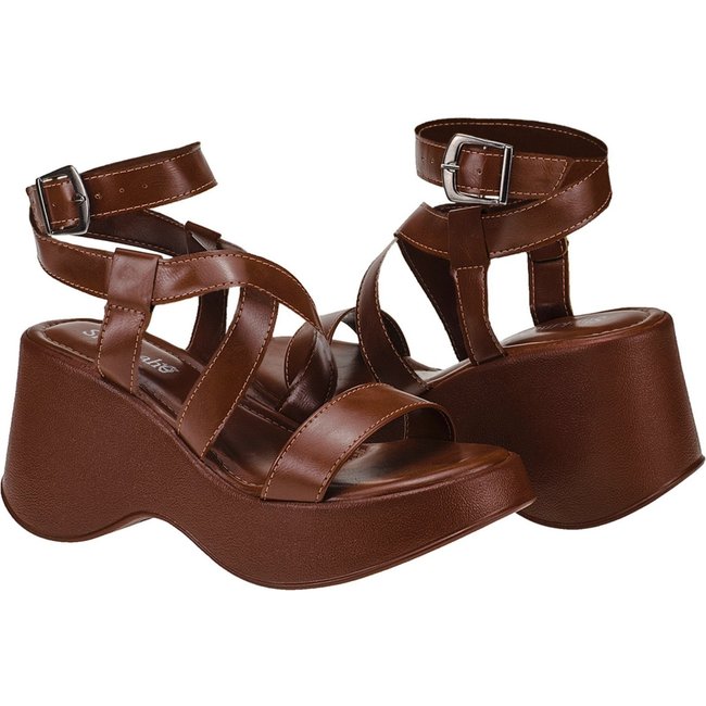 Sandália Plataforma Flat Feminina Sapato Salto Anabela Shekinah Tiras Cruzadas Leve Confortável Macia Moda Caramelo