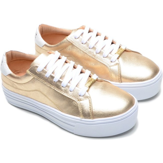 Tênis Casual Feminino Confort em Couro Polo Urban Dourado