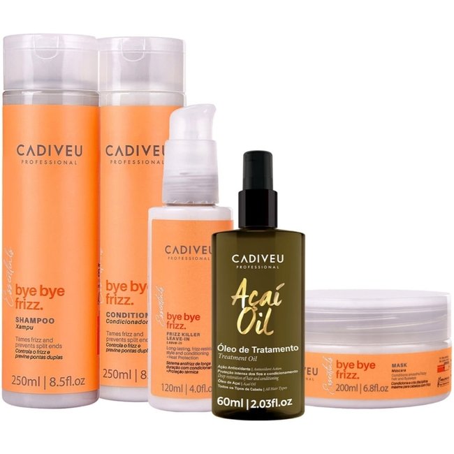 Kit Cadiveu Professional Bye Bye Frizz Shampoo Condicionador Máscara Leave-in e Açaí Oil 60 (5 produtos)