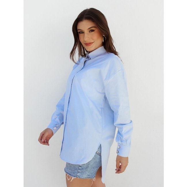 Camisa Feminina Oversized Modelagem Ampla Manga Longa Azul